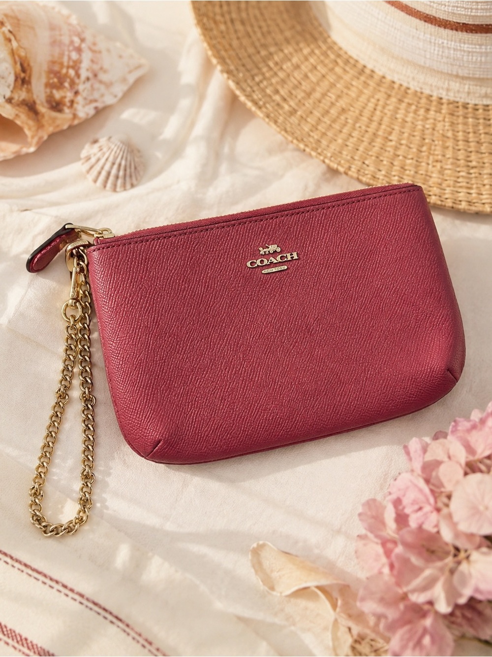 Coach Deep Berry Saffiano Leather Wristlet Gold Chain Feminine Coastal Chic